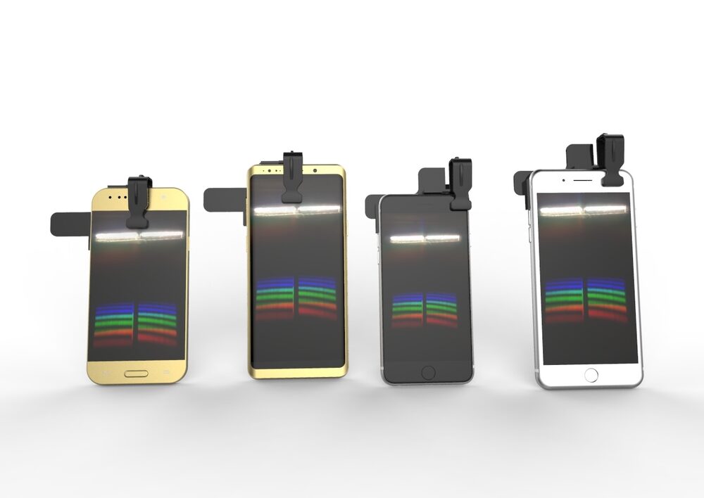 iSPEX2 spectropolarimeter add-on fitted to four different smartphone models, each showing a captured spectrum on screen